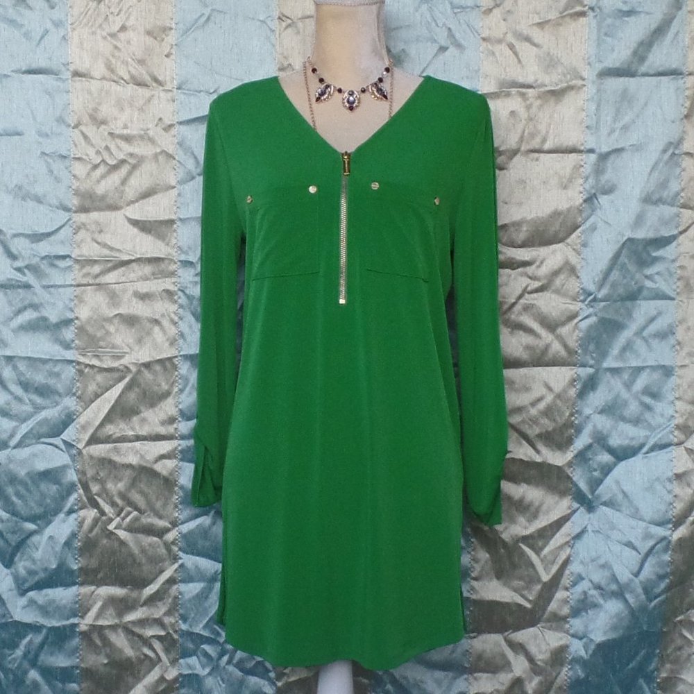 Michael Kors Emerald Green Shift Mini Dress with Gold Accents NWOT